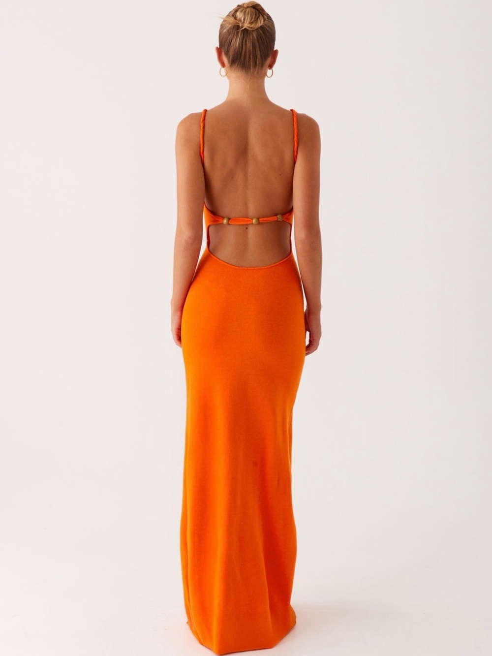 Orange Backless Knit Maxi Dress with Beaded Strap XS-S